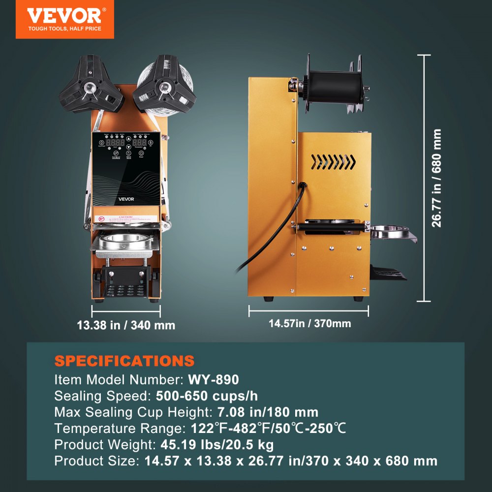 VEVOR Fully Automatic Cup Sealing Machine, 500-650 Cups/H, Cup Sealer Machine for 180 mm Tall & 90/95 mm Cup, Electric Boba Tea Sealer with Digital Control LCD Panel for Bubble Milk Tea Coffee, Gold