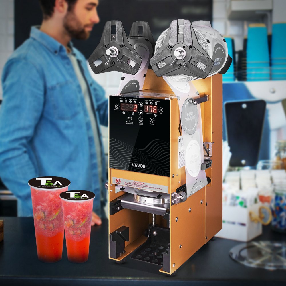 VEVOR Fully Automatic Cup Sealing Machine, 500-650 Cups/H, Cup Sealer Machine for 180 mm Tall & 90/95 mm Cup, Electric Boba Tea Sealer with Digital Control LCD Panel for Bubble Milk Tea Coffee, Gold
