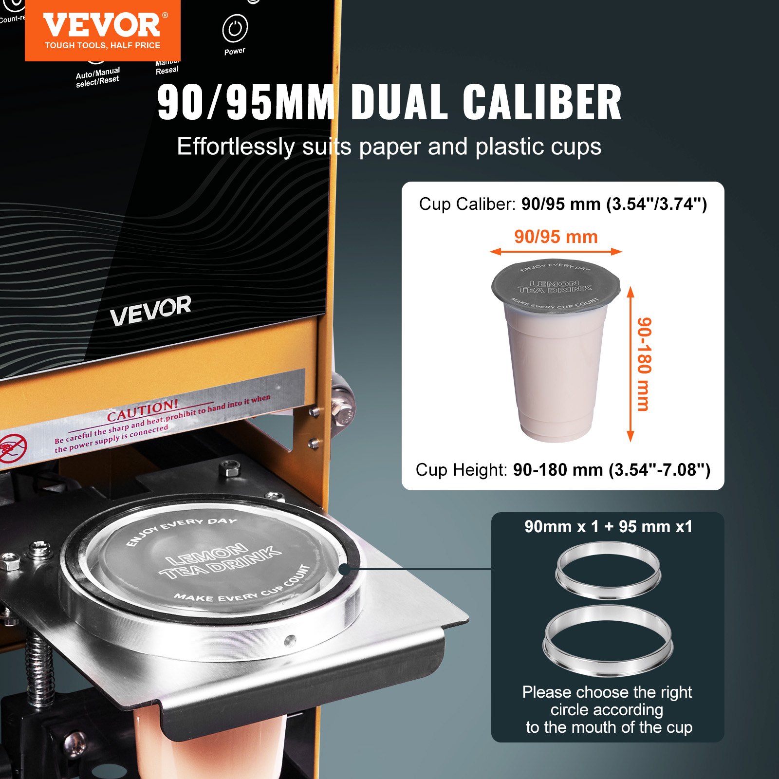 VEVOR Fully Automatic Cup Sealing Machine, 500-650 Cups/H, Cup Sealer Machine for 180 mm Tall & 90/95 mm Cup, Electric Boba Tea Sealer with Digital Control LCD Panel for Bubble Milk Tea Coffee, Gold