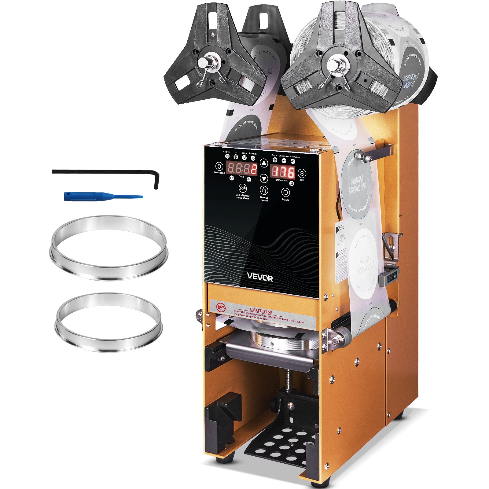 VEVOR Fully Automatic Cup Sealing Machine, 500-650 Cups/H, Cup Sealer Machine for 180 mm Tall & 90/95 mm Cup, Electric Boba Tea Sealer with Digital Control LCD Panel for Bubble Milk Tea Coffee, Gold