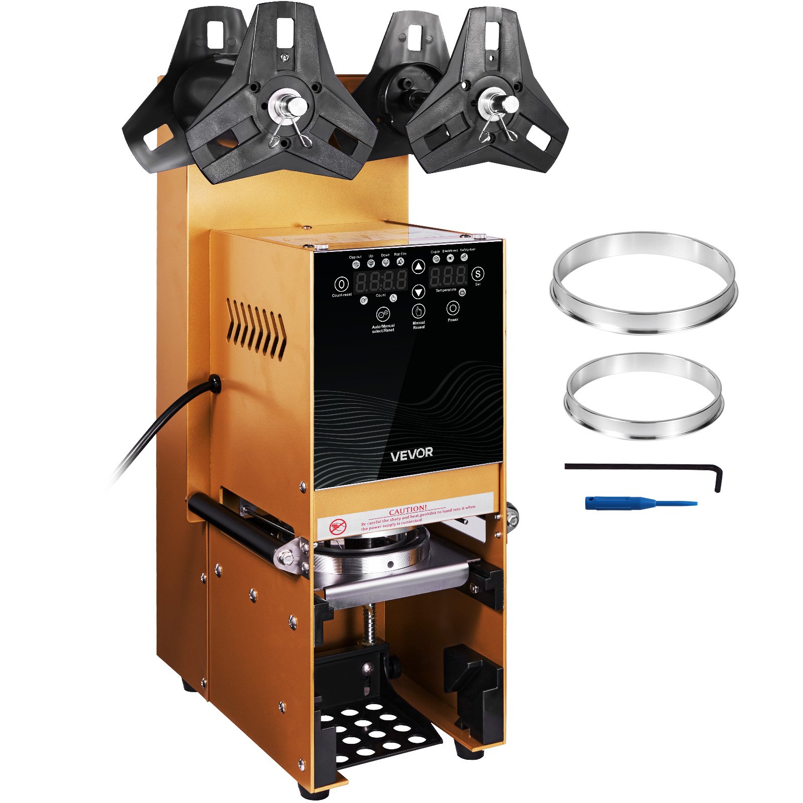 VEVOR Fully Automatic Cup Sealing Machine, 500-650 Cups/H, Cup Sealer Machine for 180 mm Tall & 90/95 mm Cup, Electric Boba Tea Sealer with Digital Control LCD Panel for Bubble Milk Tea Coffee, Gold