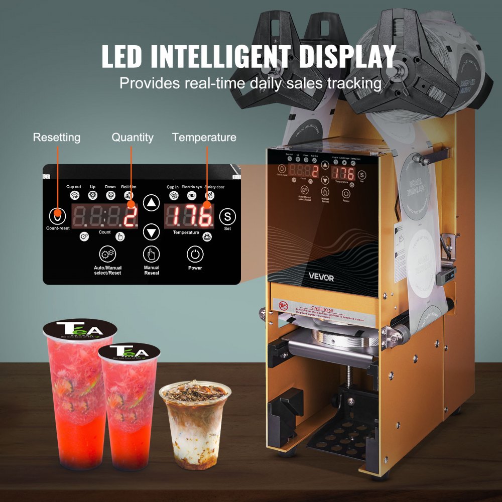 VEVOR Fully Automatic Cup Sealing Machine, 500-650 Cups/H, Cup Sealer Machine for 180 mm Tall & 90/95 mm Cup, Electric Boba Tea Sealer with Digital Control LCD Panel for Bubble Milk Tea Coffee, Gold