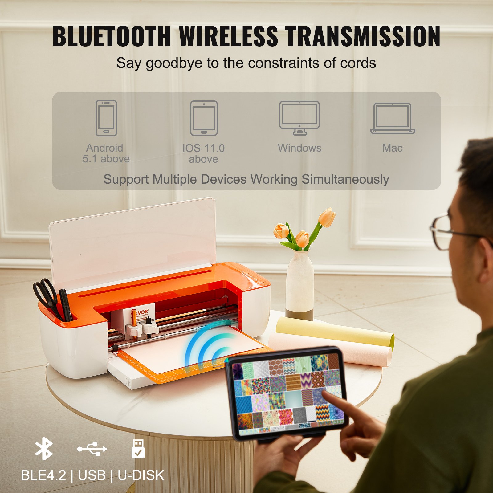 VEVOR Vinyl Cutter Machine, Bluetooth Connectivity DIY Cutting Machine, Massive Designs Included, Compatible with iOS, Android, Mac, and Windows, for Creating Customized Cards, Home Decor