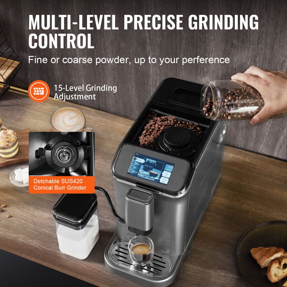 VEVOR Fully Automatic Espresso Machine - with Automatic Milk Frother, 20 Bar Super-Automatic Cappuccino Latte Machine with TFT Touch Screen, Grinder, 15 Grinding Levels, and Removable Milk Reservoir