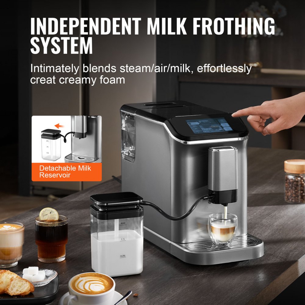 VEVOR Fully Automatic Espresso Machine - with Automatic Milk Frother, 20 Bar Super-Automatic Cappuccino Latte Machine with TFT Touch Screen, Grinder, 15 Grinding Levels, and Removable Milk Reservoir