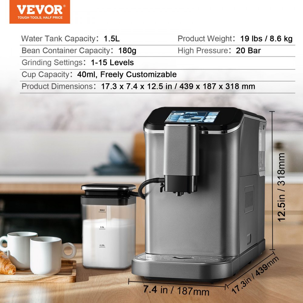 VEVOR Fully Automatic Espresso Machine - with Automatic Milk Frother, 20 Bar Super-Automatic Cappuccino Latte Machine with TFT Touch Screen, Grinder, 15 Grinding Levels, and Removable Milk Reservoir