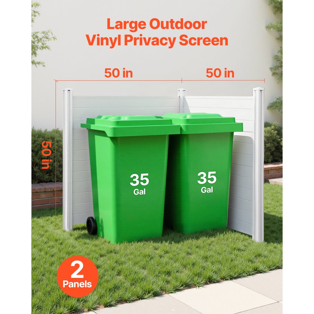 VEVOR 2 Panels Outdoor Privacy Screen, 50 x 50 in Air Conditioner Fence with 27.6 in Ground Stakes, Pool Equipment Enclosure, Horizontal Vinyl Privacy Fence, Ideal for Trash Can and A/C Units, White