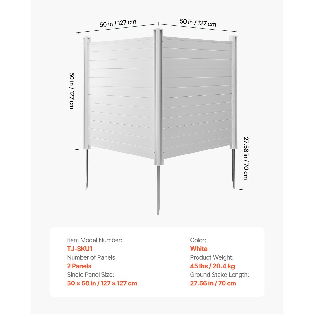 VEVOR 2 Panels Outdoor Privacy Screen, 50 x 50 in Air Conditioner Fence with 27.6 in Ground Stakes, Pool Equipment Enclosure, Horizontal Vinyl Privacy Fence, Ideal for Trash Can and A/C Units, White