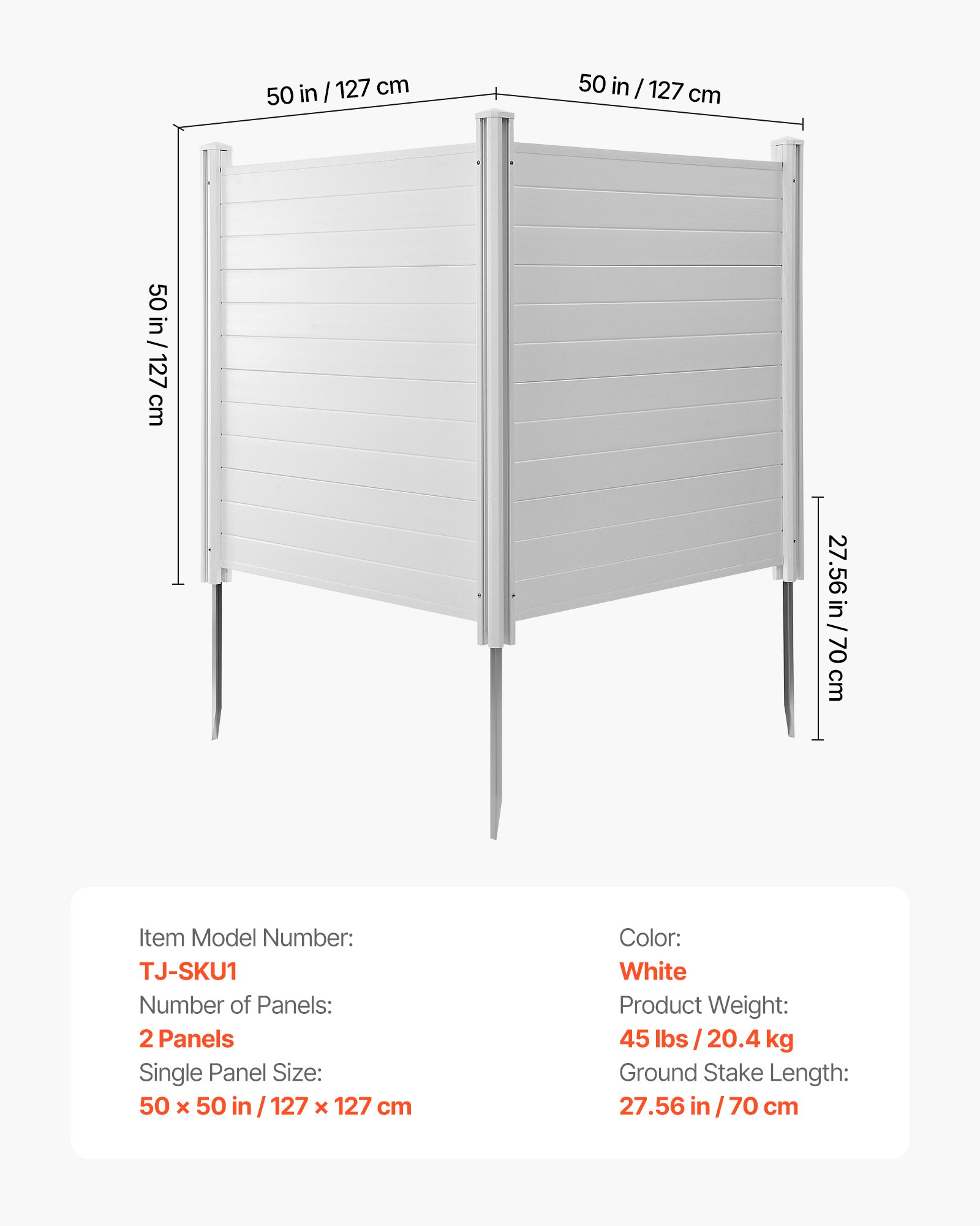 VEVOR 2 Panels Outdoor Privacy Screen, 50 x 50 in Air Conditioner Fence with 27.6 in Ground Stakes, Pool Equipment Enclosure, Horizontal Vinyl Privacy Fence, Ideal for Trash Can and A/C Units, White