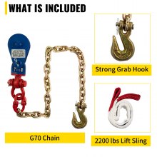 VEVOR 2ton Snatch Block with Chain, 4400 lbs Capacity Snatch Block Rigging, 3'' Single Sheave Block με περιστρεφόμενο άγκιστρο, G70 Chain, Fit 3/8'' Wire Cable Heavy Duty for Pulling Wrecker Roll Back Recovery