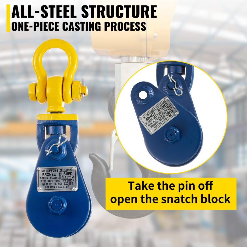 VEVOR 2ton Snatch Block with Chain, 4400 lbs Capacity Snatch Rigging Block, 3'' Single Sheave Block w/Swivel Hook and Latch, Fit 3/8'' Wire Cable Heavy Duty for Recovery Wrecker Roll Back Pulling