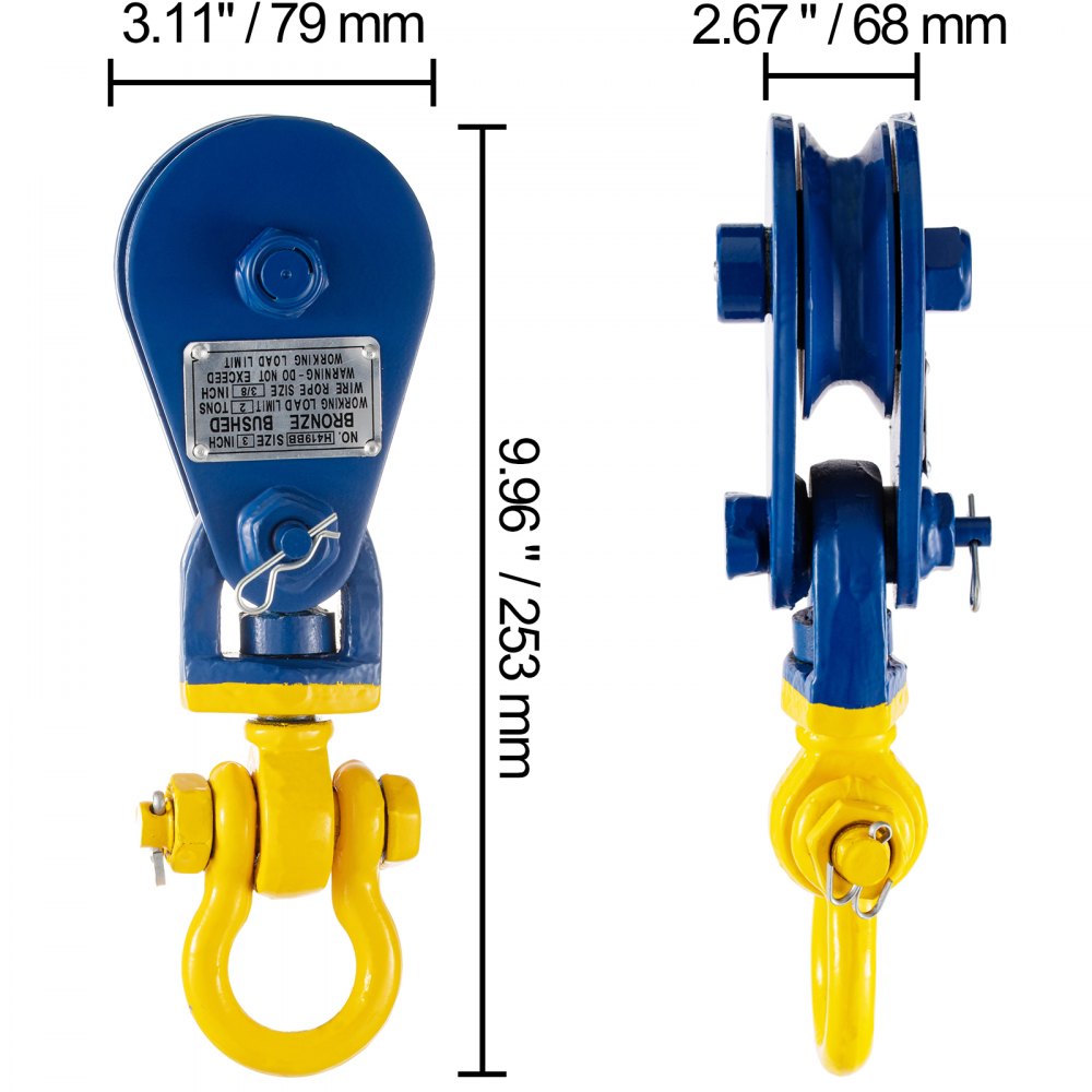 VEVOR 2ton Snatch Block with Chain, 4400 lbs Capacity Snatch Rigging Block, 3'' Single Sheave Block w/Swivel Hook and Latch, Fit 3/8'' Wire Cable Heavy Duty for Recovery Wrecker Roll Back Pulling