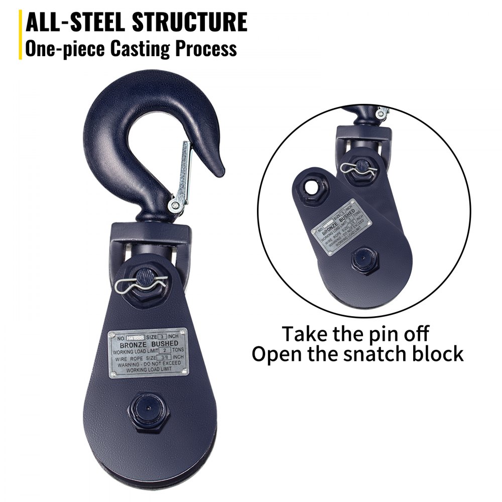 Vevor 2ton Snatch Block With Hook Snatch Rigging Blocks 4400lbs 3'' Sheave Blue