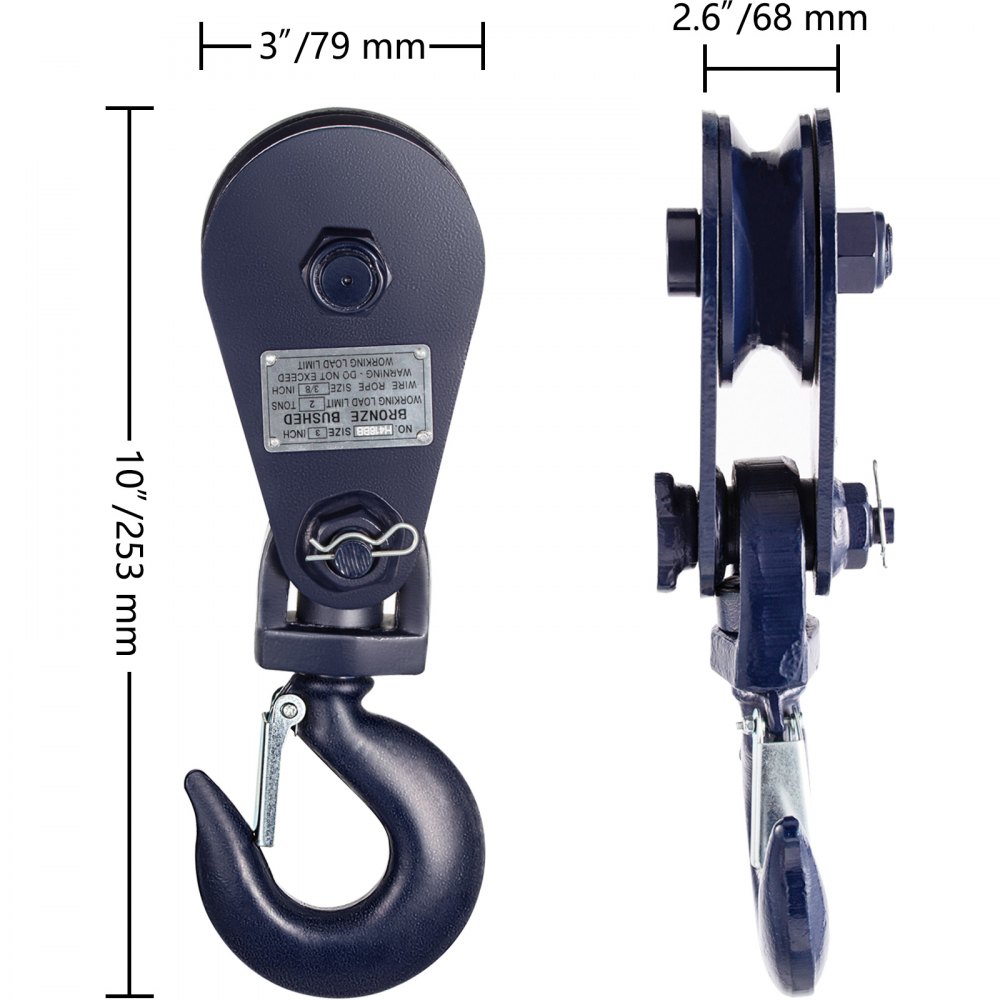 Vevor 2ton Snatch Block With Hook Snatch Rigging Blocks 4400lbs 3'' Sheave Blue