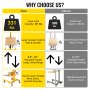 VEVOR manual winch stacker comparison chart showing large load capacity, adjustable height, and swivel caster wheels.