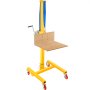 yellow VEVOR manual winch stacker with wooden platform and red caster wheels.