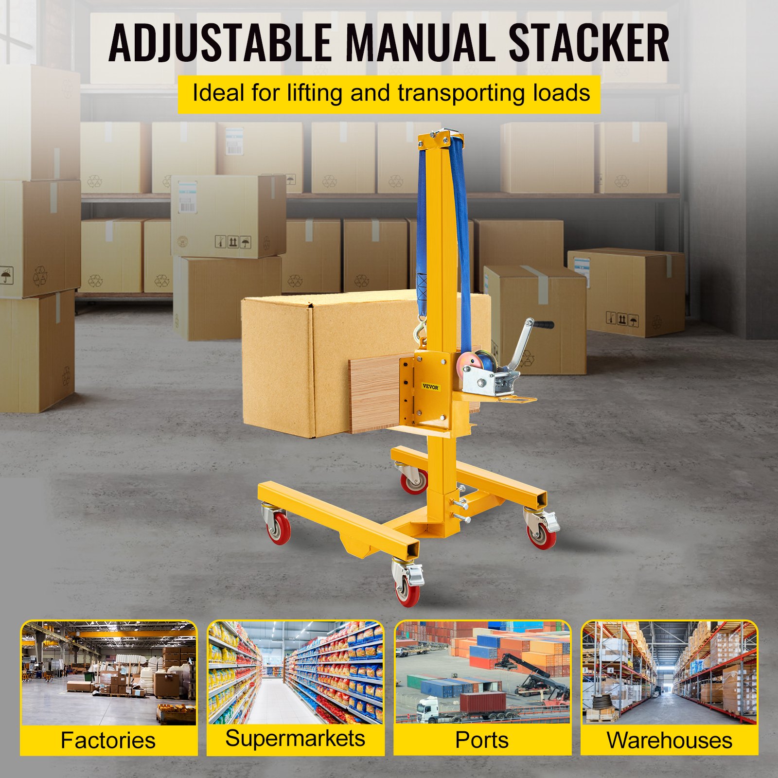 VEVOR Manual Winch Stacker, 9.4" - 72" Height Range, 19.7" Length x 15.7" Width Platform, Steel Lite Load Lift Winch, Hand Winch Lift Truck, 331 lbs Capacity Material Lift for Shipping Facilities