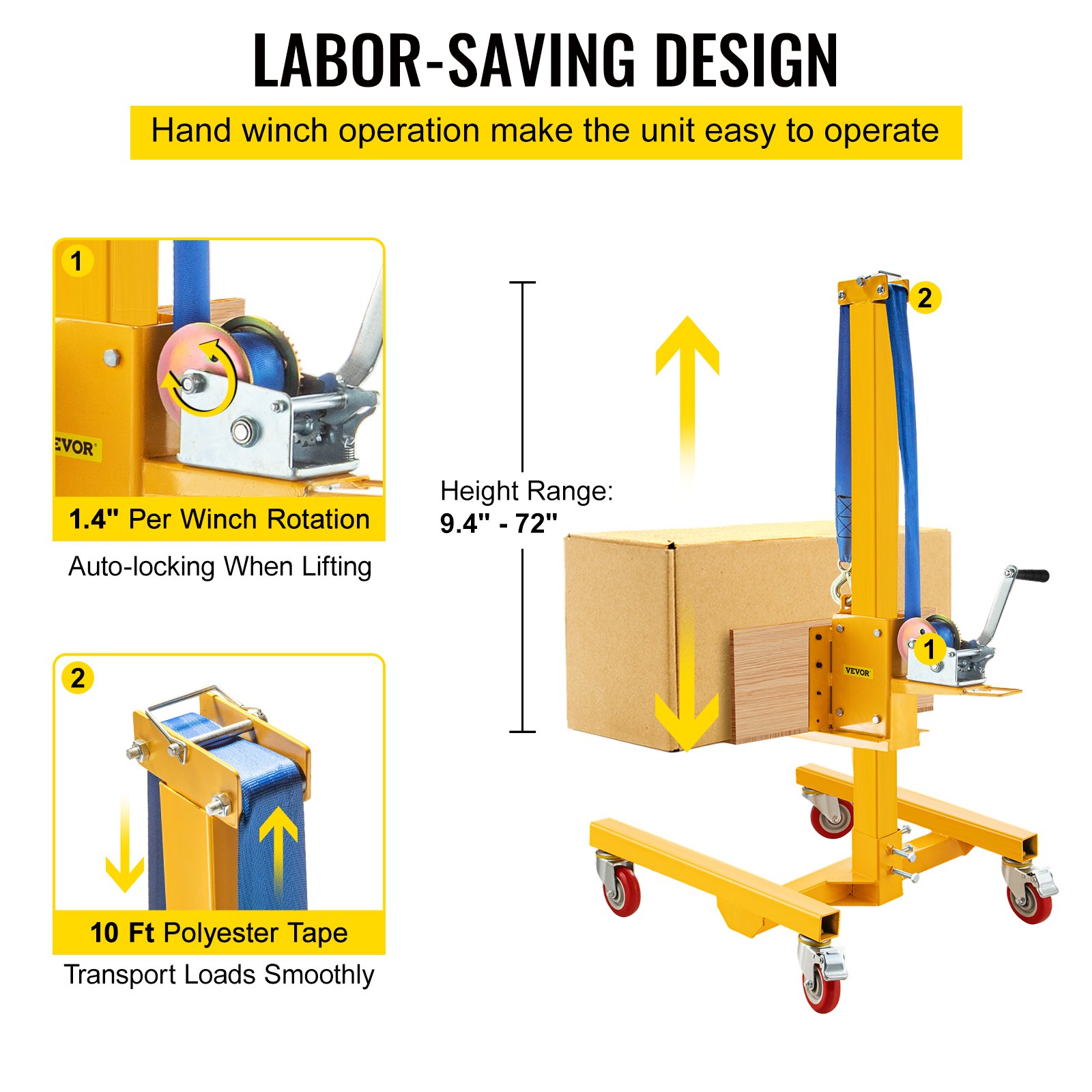 VEVOR Manual Winch Stacker, 9.4" - 72" Height Range, 19.7" Length x 15.7" Width Platform, Steel Lite Load Lift Winch, Hand Winch Lift Truck, 331 lbs Capacity Material Lift for Shipping Facilities