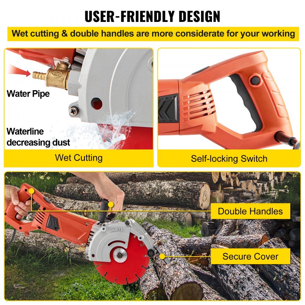 VEVOR Electric Concrete Saw, 7" Blade with 3 inch Max Cutting Depth, Wet/Dry Sawing with Blade and Tools for Granite, Brick, Porcelain, Reinforced Concrete