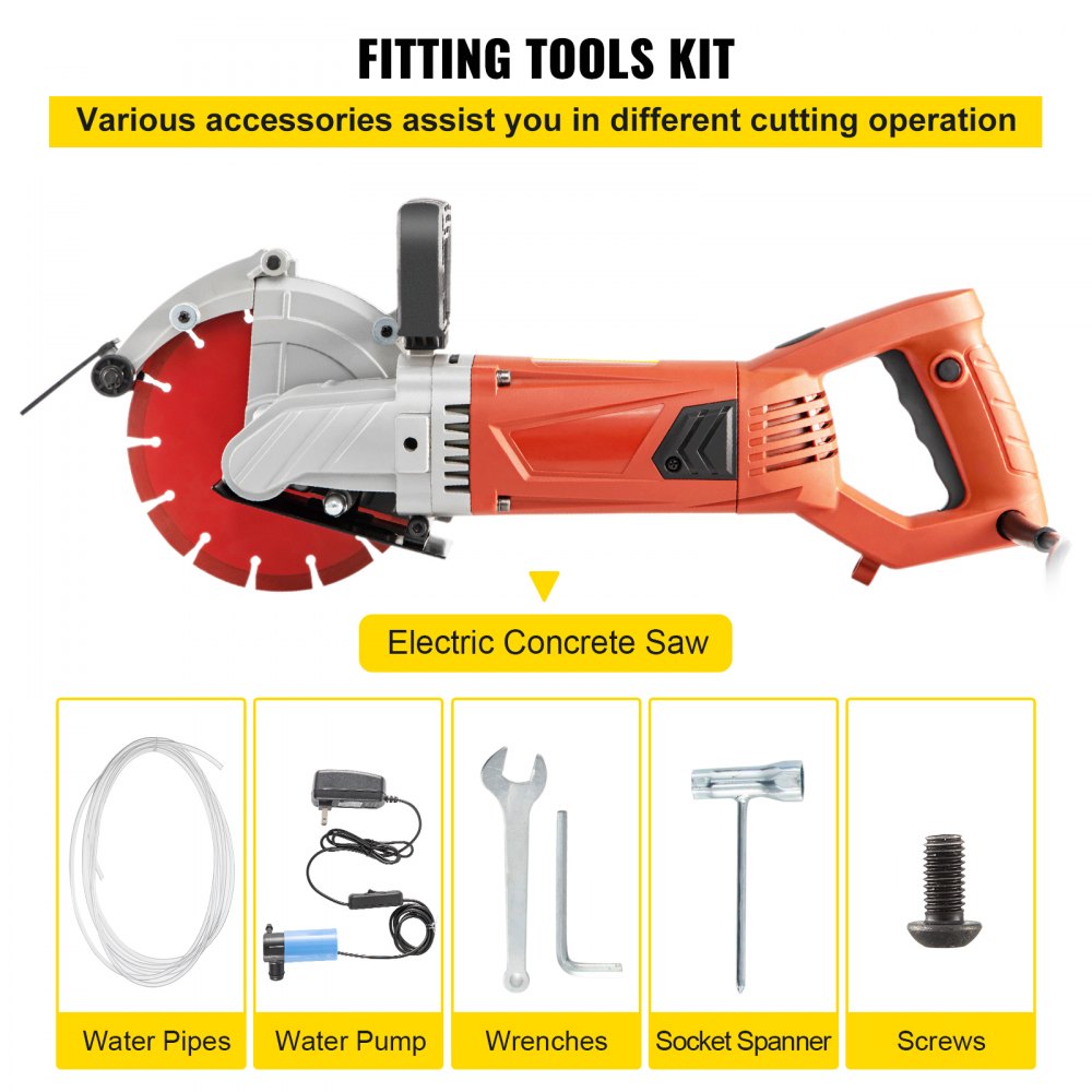 VEVOR Electric Concrete Saw, 7" Blade with 3 inch Max Cutting Depth, Wet/Dry Sawing with Blade and Tools for Granite, Brick, Porcelain, Reinforced Concrete