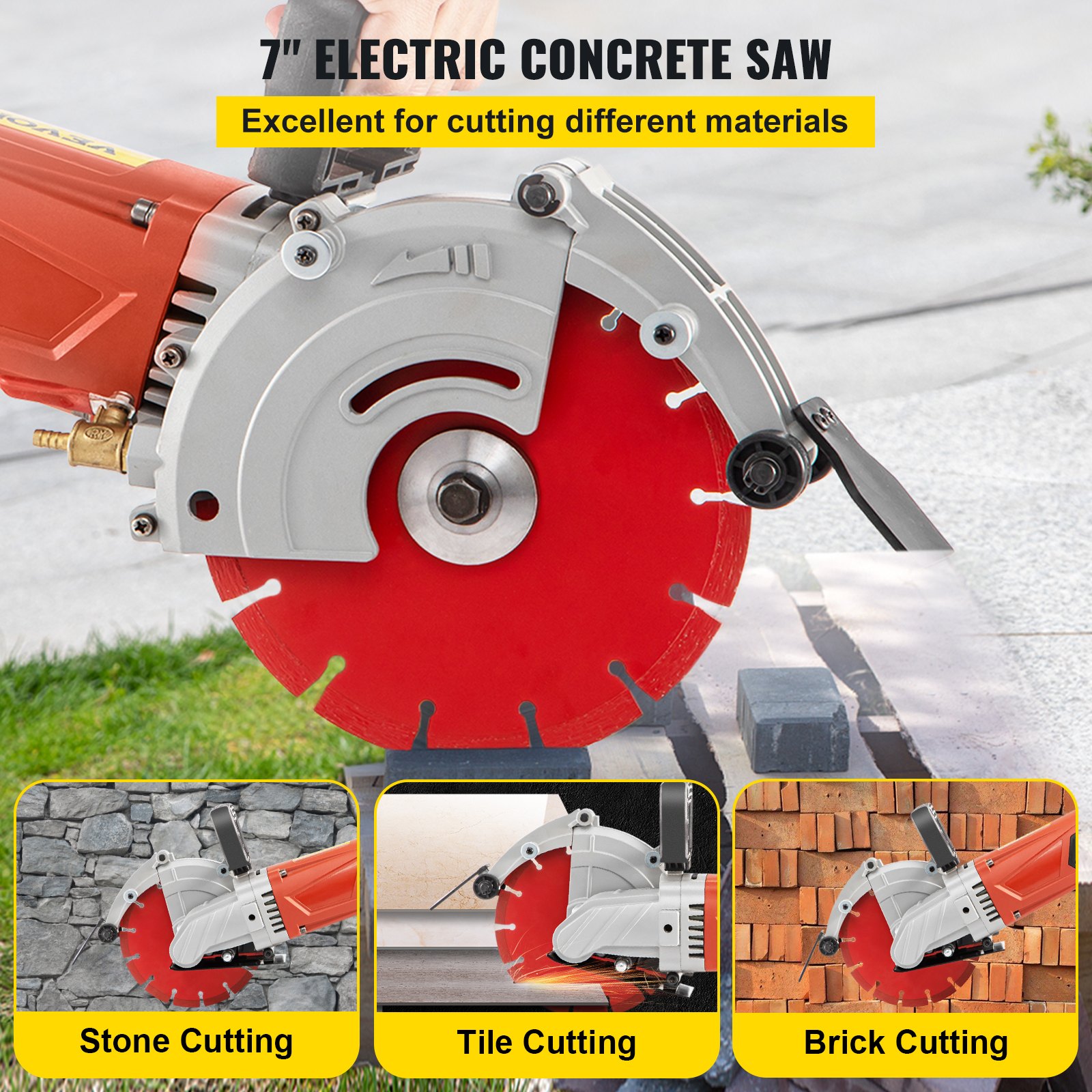 VEVOR Electric Concrete Saw, 7" Blade with 3 inch Max Cutting Depth, Wet/Dry Sawing with Blade and Tools for Granite, Brick, Porcelain, Reinforced Concrete