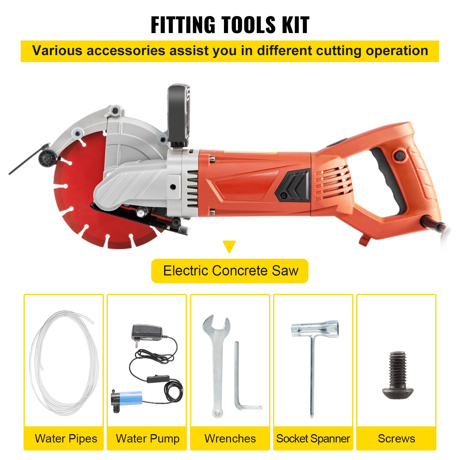 VEVOR Electric Concrete Saw, 7" Blade with 3 inch Max Cutting Depth, Wet/Dry Sawing with Blade and Tools for Granite, Brick, Porcelain, Reinforced Concrete