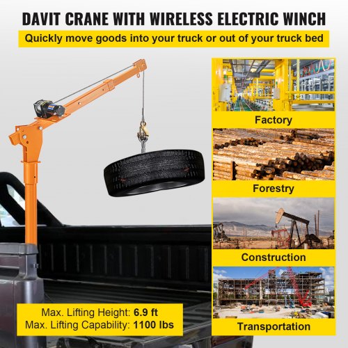 VEVOR Davit Crane, 1100 lbs Truck Crane, Wireless Remote Control Dock Crane, 12V 360° Swivel Electric Crane for Truck, Crane Hitch for Lifting Goods in Construction, Forestry, Factory, and Transport