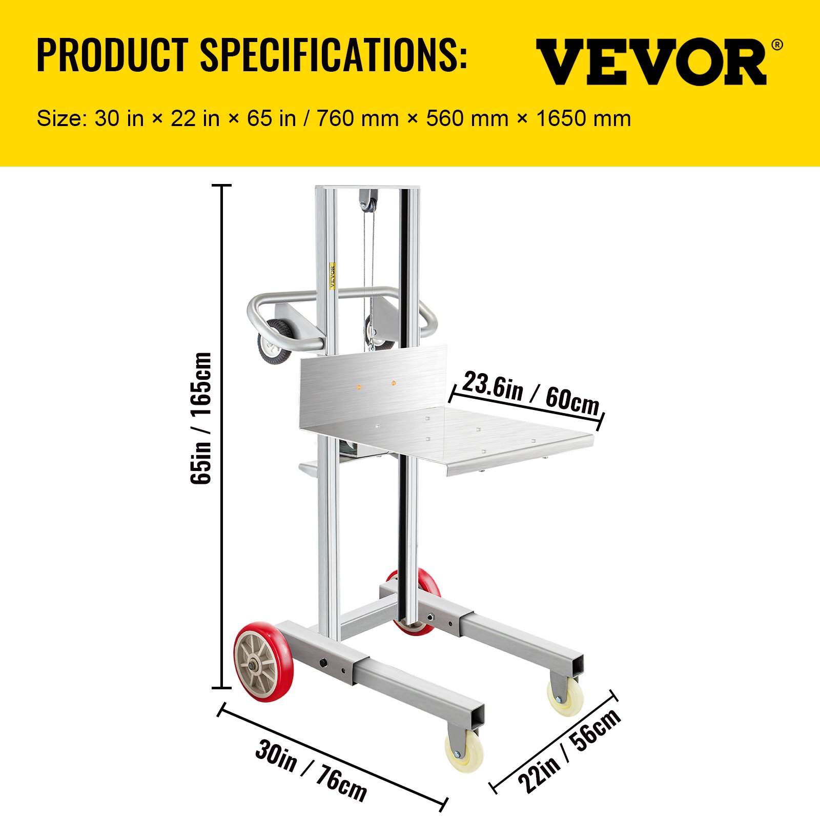 VEVOR Apilador de cabrestante manual, rango de altura de 4.7" - 57", plataforma de 23.6" de largo x 19.7" de ancho, cabrestante de elevación de carga Steel Lite, camión elevador de cabrestante manual, elevación de material de 394 lbs de capacidad para instalaciones de envío