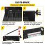 VEVOR paper cutter steps: choose cutting position, rotate handle, press down, finish cut.