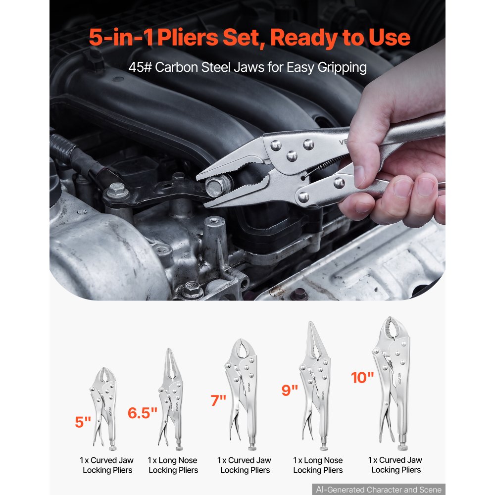 VEVOR Locking Pliers Set 5-Piece Pliers Tool Set Nickel-Plated Carbon Steel, Hand Tools for DIY & Home Use, Curved Jaw and Long Nose, Ergonomic Non-Slip Handles, Easy Operation, Adjustable Jaw Opening