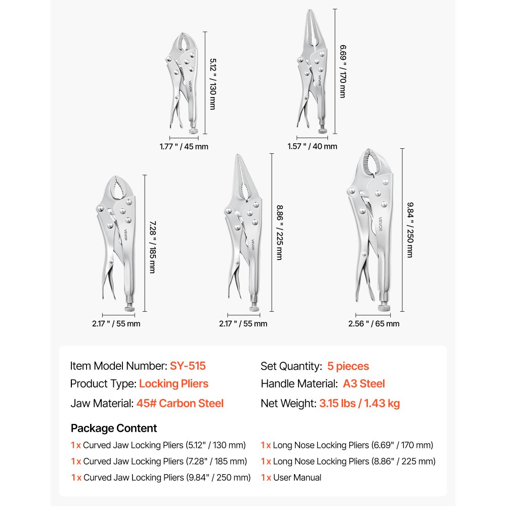 VEVOR Locking Pliers Set 5-Piece Pliers Tool Set Nickel-Plated Carbon Steel, Hand Tools for DIY & Home Use, Curved Jaw and Long Nose, Ergonomic Non-Slip Handles, Easy Operation, Adjustable Jaw Opening