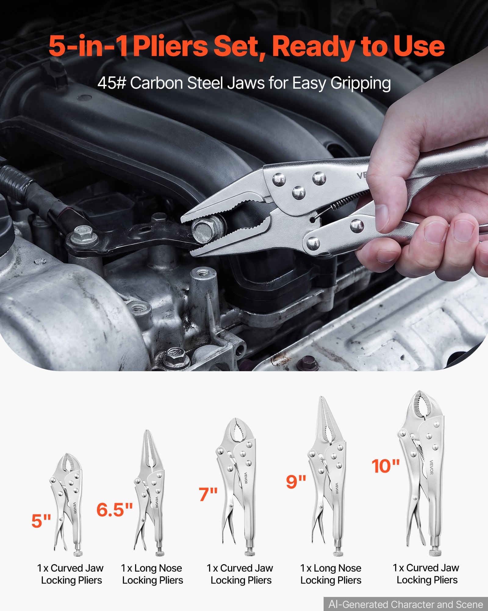 VEVOR Locking Pliers Set 5-Piece Pliers Tool Set Nickel-Plated Carbon Steel, Hand Tools for DIY & Home Use, Curved Jaw and Long Nose, Ergonomic Non-Slip Handles, Easy Operation, Adjustable Jaw Opening