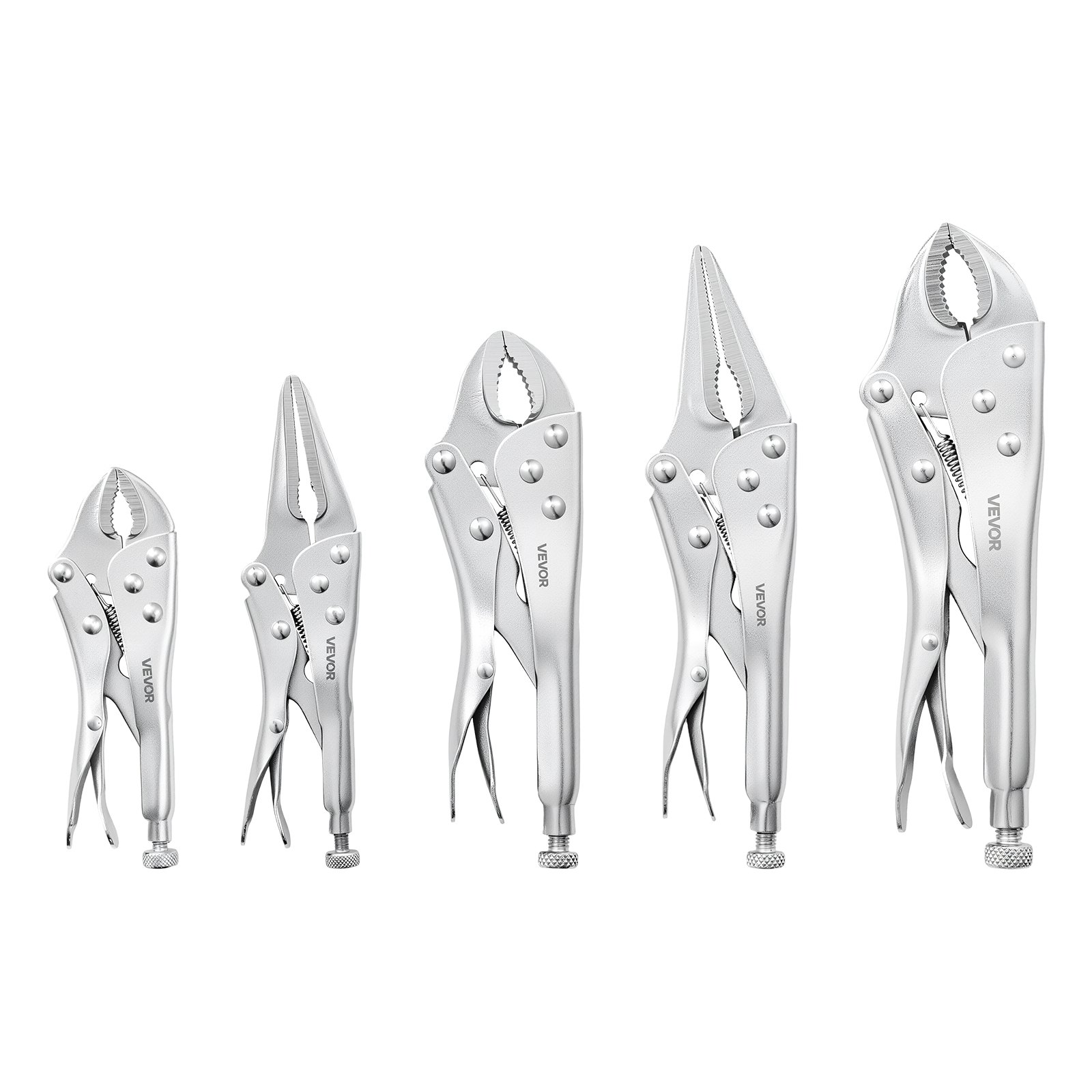 VEVOR Locking Pliers Set 5-Piece Pliers Tool Set Nickel-Plated Carbon Steel, Hand Tools for DIY & Home Use, Curved Jaw and Long Nose, Ergonomic Non-Slip Handles, Easy Operation, Adjustable Jaw Opening