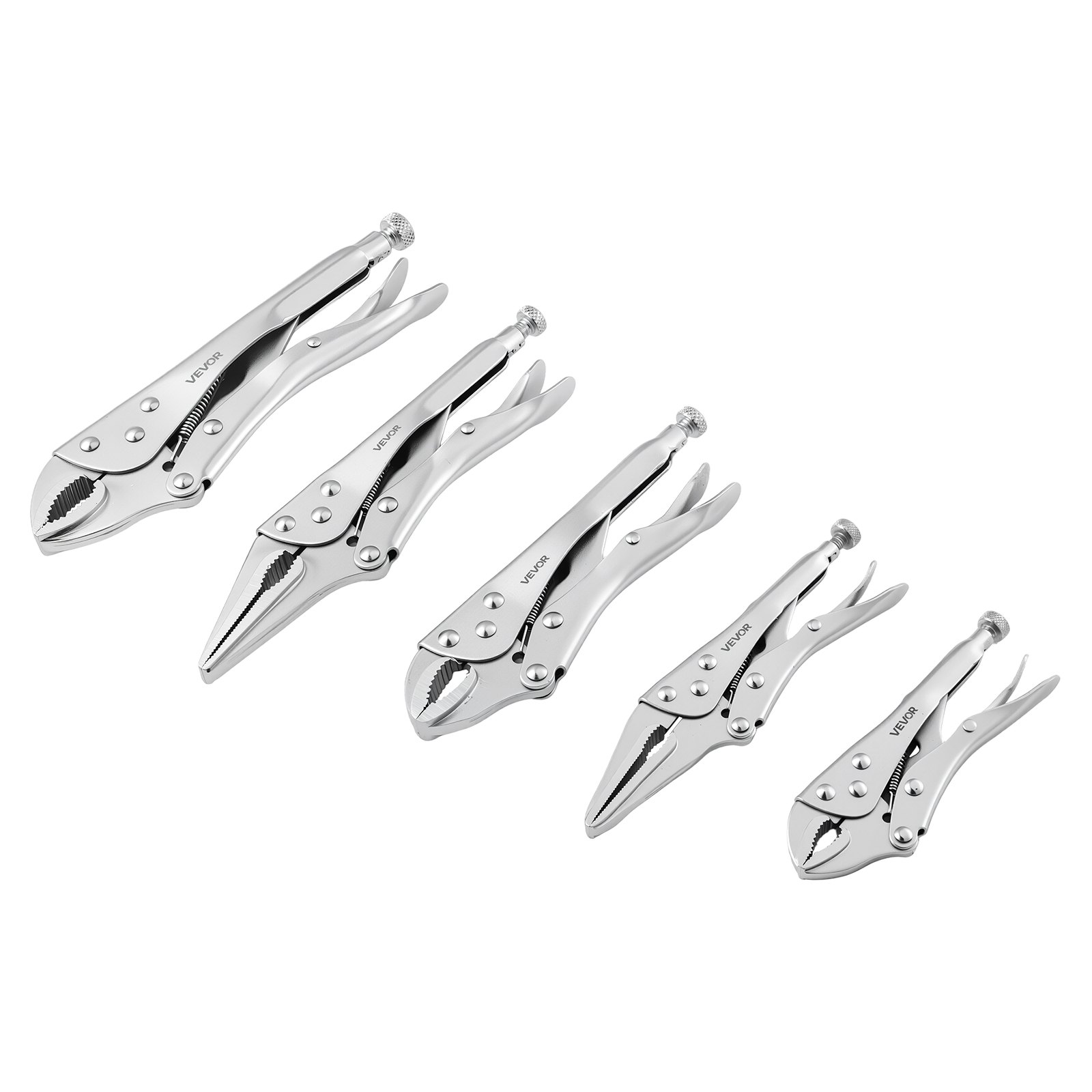 VEVOR Locking Pliers Set 5-Piece Pliers Tool Set Nickel-Plated Carbon Steel, Hand Tools for DIY & Home Use, Curved Jaw and Long Nose, Ergonomic Non-Slip Handles, Easy Operation, Adjustable Jaw Opening