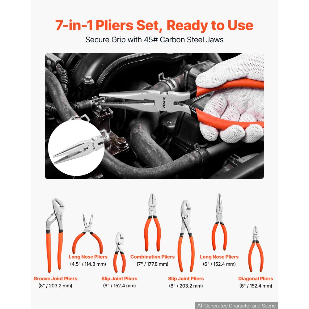 VEVOR Pliers Set 7-Piece Utility Set Polished Carbon Steel Jaw Hand Tools, For DIY & Home Use, 8" Groove Joint, 7" Combination, 6" Diagonal, 6"/8" Slip Joint, 4.5"/6" Long Nose Pliers, Non-Slip Grips