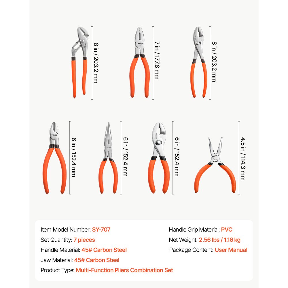 VEVOR Pliers Set 7-Piece Utility Set Polished Carbon Steel Jaw Hand Tools, For DIY & Home Use, 8" Groove Joint, 7" Combination, 6" Diagonal, 6"/8" Slip Joint, 4.5"/6" Long Nose Pliers, Non-Slip Grips
