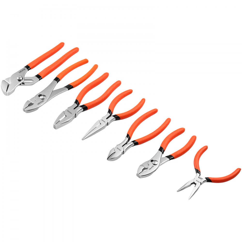 VEVOR Pliers Set 7-Piece Utility Set Polished Carbon Steel Jaw Hand Tools, For DIY & Home Use, 8" Groove Joint, 7" Combination, 6" Diagonal, 6"/8" Slip Joint, 4.5"/6" Long Nose Pliers, Non-Slip Grips