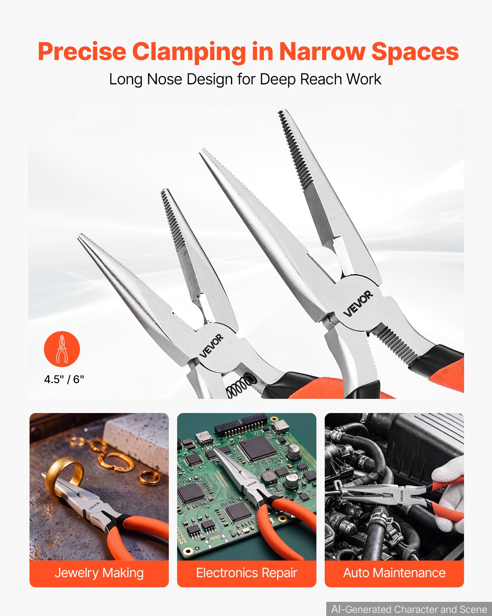 VEVOR Pliers Set 7-Piece Utility Set Polished Carbon Steel Jaw Hand Tools, For DIY & Home Use, 8" Groove Joint, 7" Combination, 6" Diagonal, 6"/8" Slip Joint, 4.5"/6" Long Nose Pliers, Non-Slip Grips