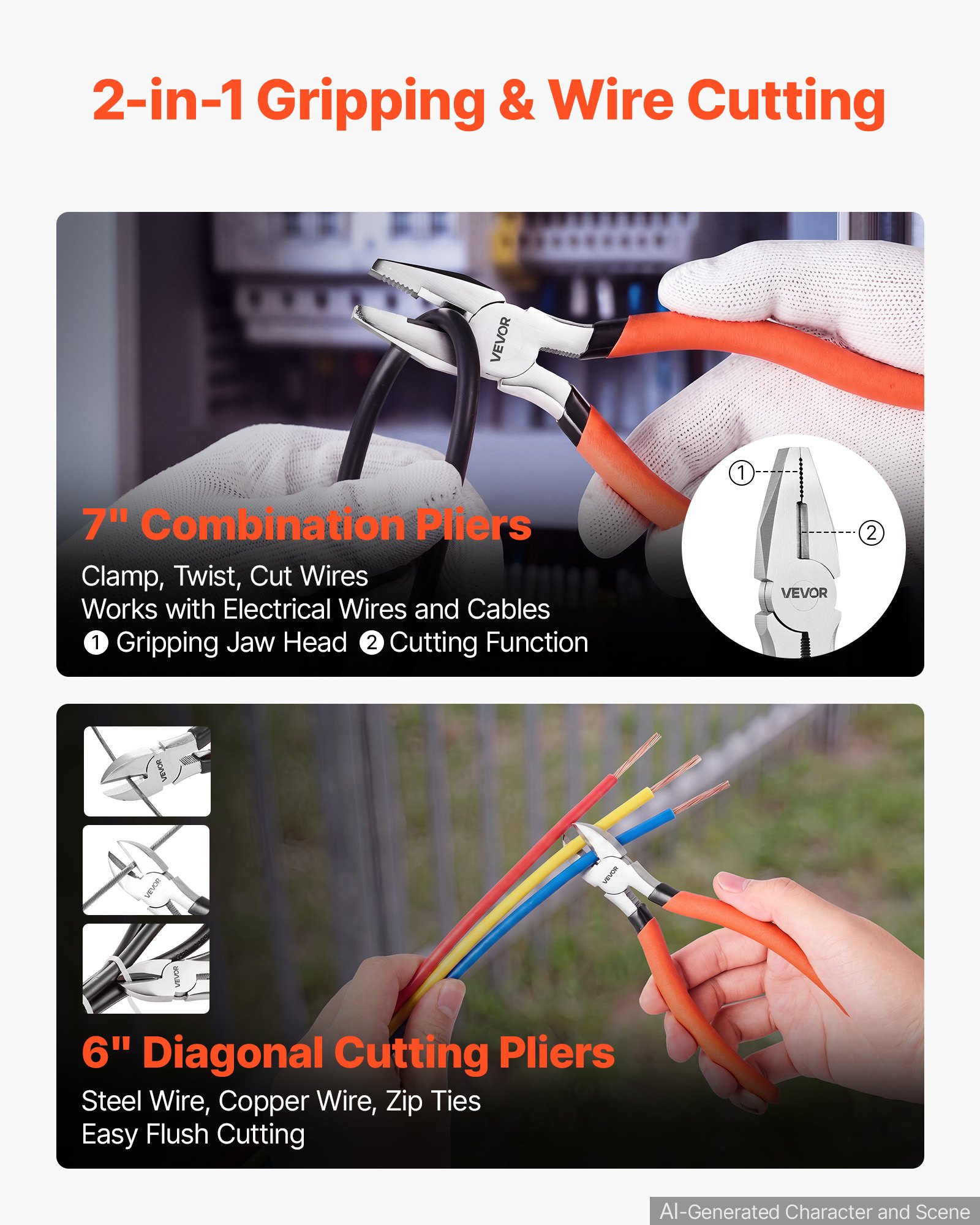 VEVOR Pliers Set 7-Piece Utility Set Polished Carbon Steel Jaw Hand Tools, For DIY & Home Use, 8" Groove Joint, 7" Combination, 6" Diagonal, 6"/8" Slip Joint, 4.5"/6" Long Nose Pliers, Non-Slip Grips