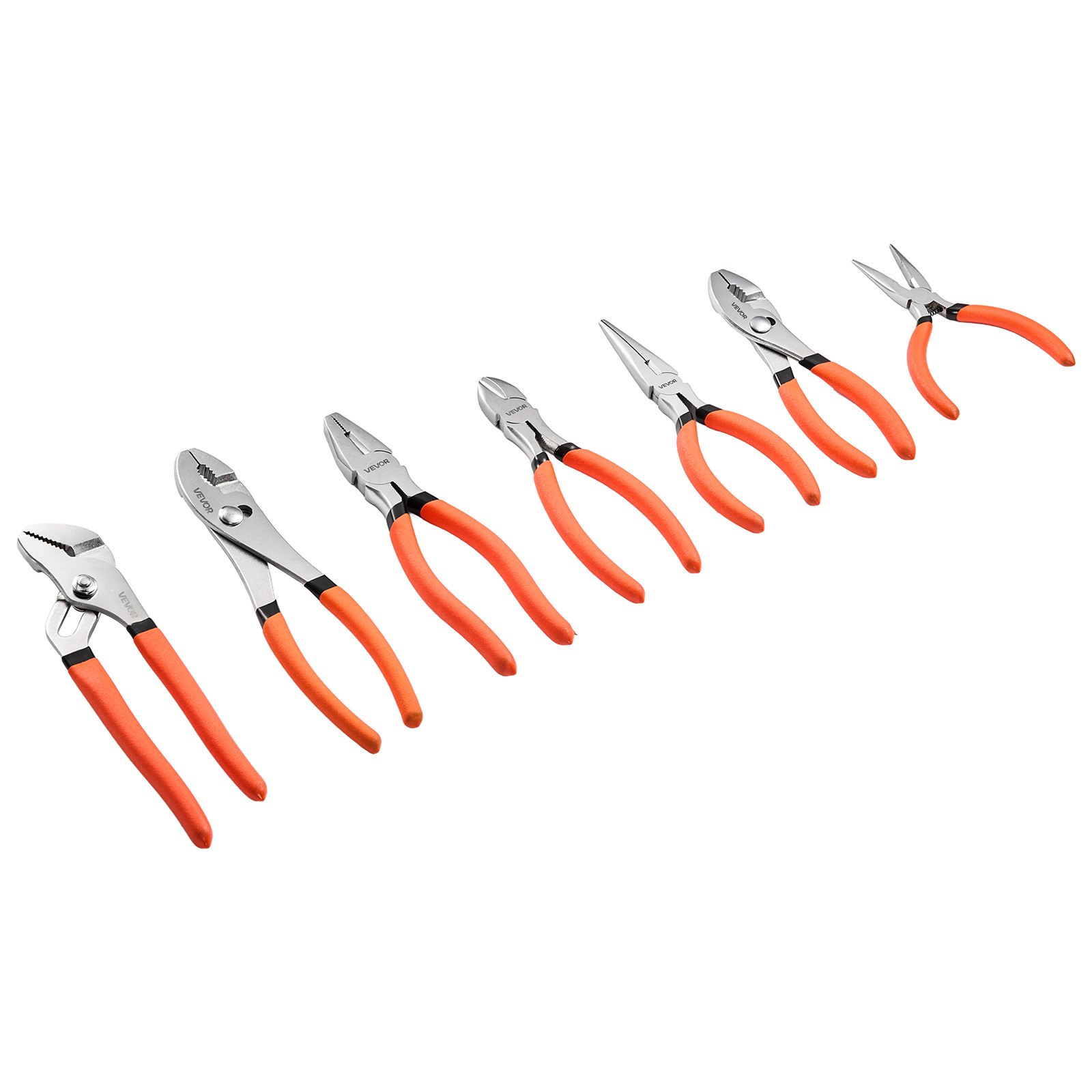VEVOR Pliers Set 7-Piece Utility Set Polished Carbon Steel Jaw Hand Tools, For DIY & Home Use, 8" Groove Joint, 7" Combination, 6" Diagonal, 6"/8" Slip Joint, 4.5"/6" Long Nose Pliers, Non-Slip Grips