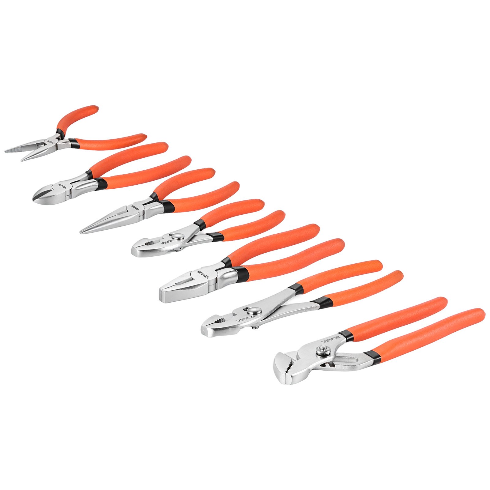 VEVOR Pliers Set 7-Piece Utility Set Polished Carbon Steel Jaw Hand Tools, For DIY & Home Use, 8" Groove Joint, 7" Combination, 6" Diagonal, 6"/8" Slip Joint, 4.5"/6" Long Nose Pliers, Non-Slip Grips