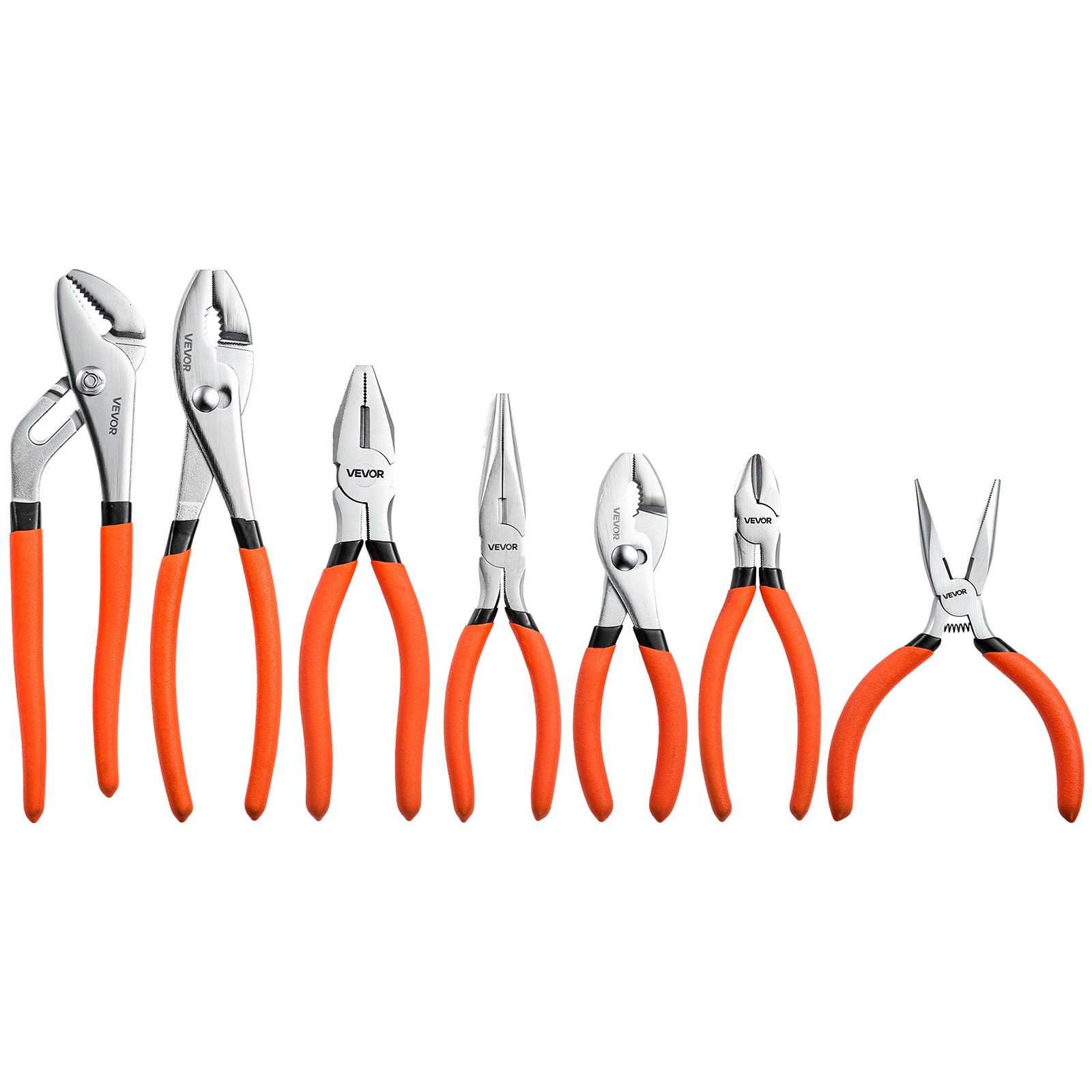 VEVOR Pliers Set 7-Piece Utility Set Polished Carbon Steel Jaw Hand Tools, For DIY & Home Use, 8" Groove Joint, 7" Combination, 6" Diagonal, 6"/8" Slip Joint, 4.5"/6" Long Nose Pliers, Non-Slip Grips