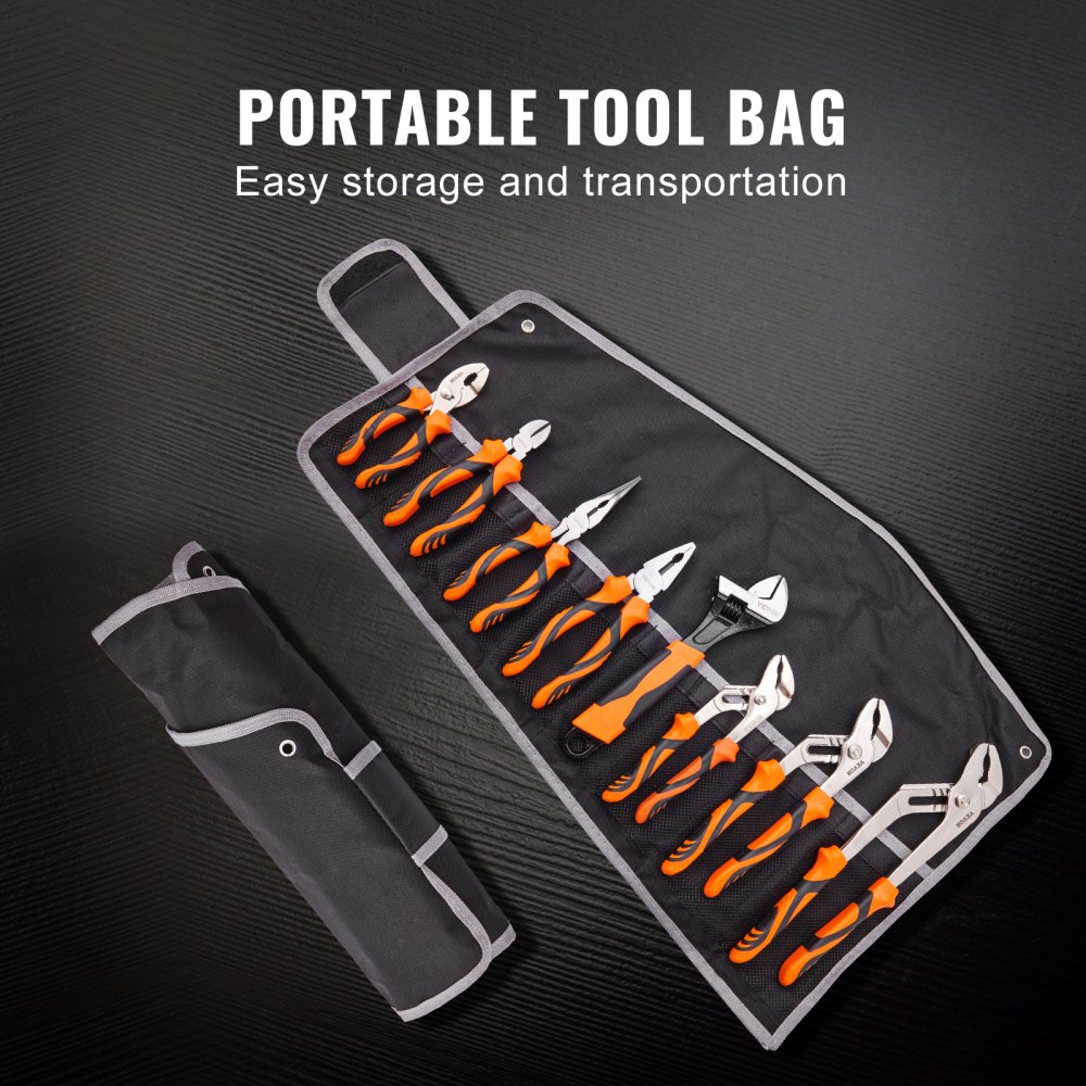 VEVOR Pliers Set, 8-Piece, High Carbon Steel, 12"/10"/8" Groove Joint Pliers, 8" Linesman's Pliers, 6" Slip Joint Pliers, 8" Long Nose Pliers, 6" Diagonal Cutter, 10" Adjustable Wrench, and Tool Bag