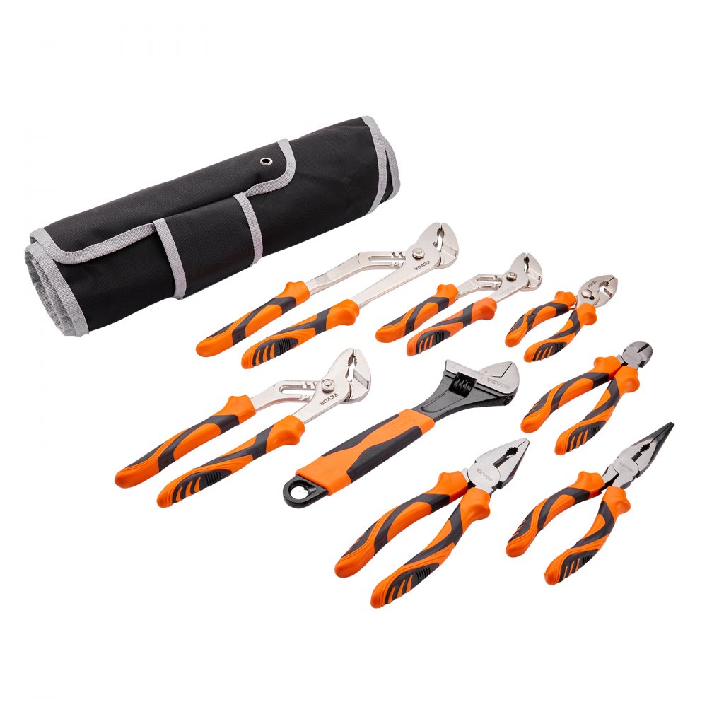 VEVOR Pliers Set, 8-Piece, High Carbon Steel, 12"/10"/8" Groove Joint Pliers, 8" Linesman's Pliers, 6" Slip Joint Pliers, 8" Long Nose Pliers, 6" Diagonal Cutter, 10" Adjustable Wrench, and Tool Bag