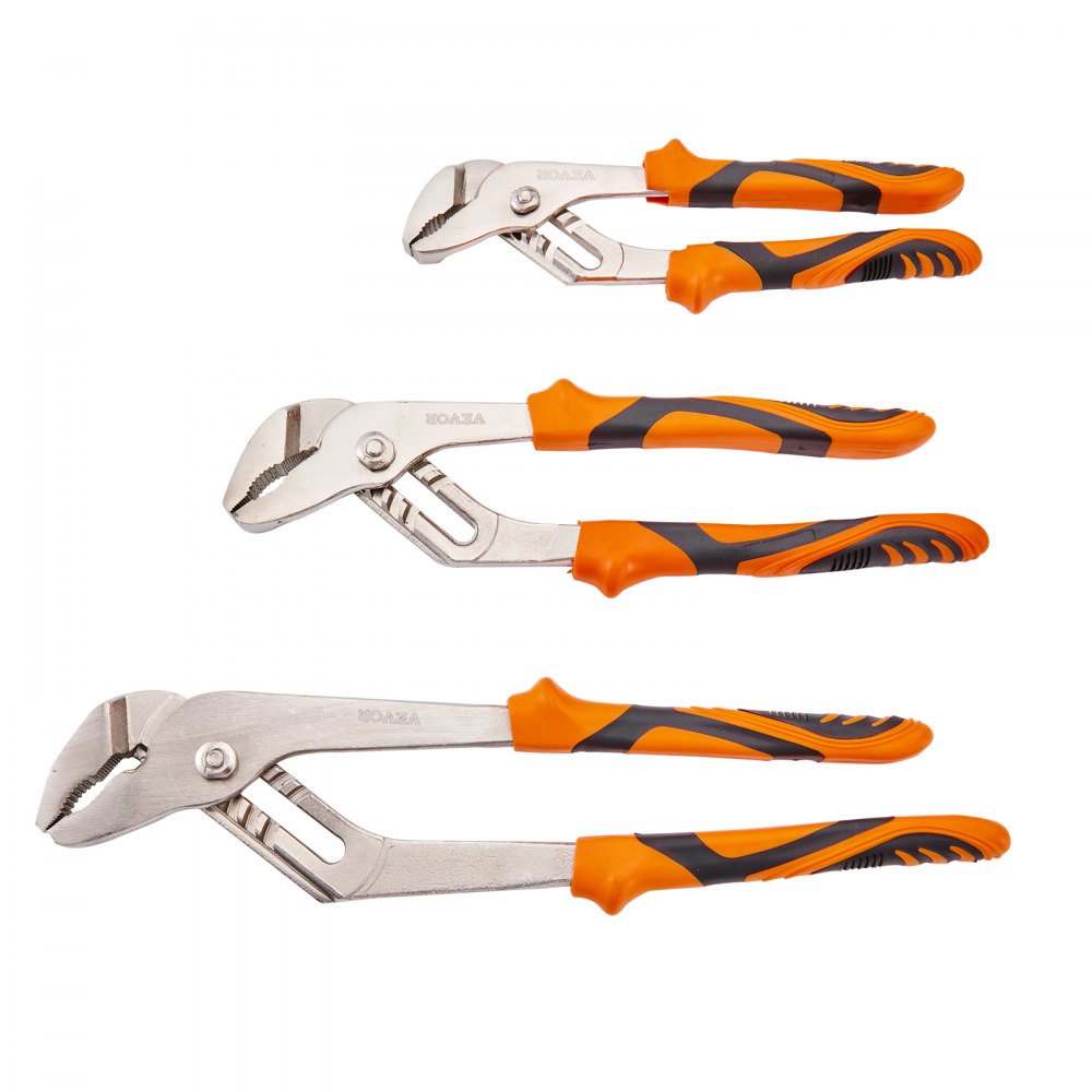 orange and black handle VEVOR groove joint pliers set in three different sizes.