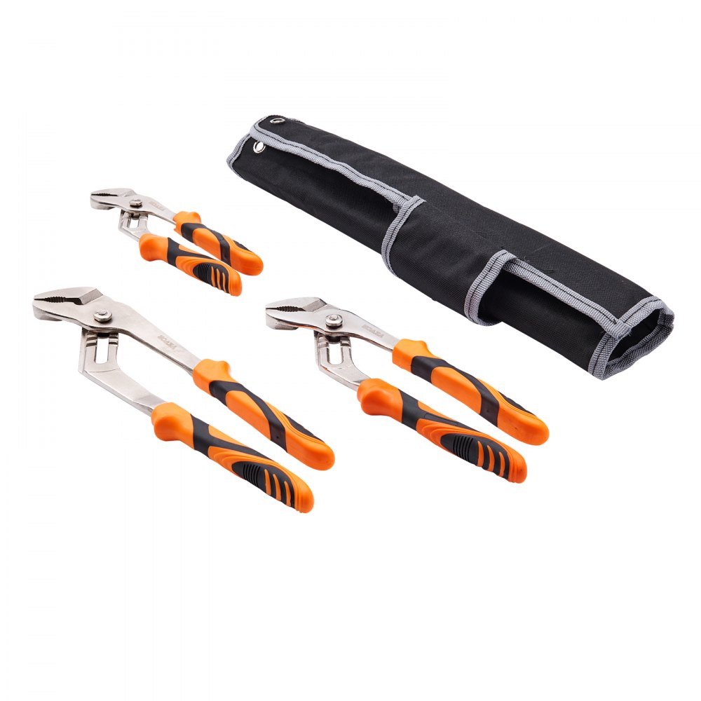 VEVOR groove joint pliers set with orange handles and a black storage roll-up pouch.