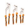 VEVOR groove joint pliers in three sizes with orange and black non-slip handles.