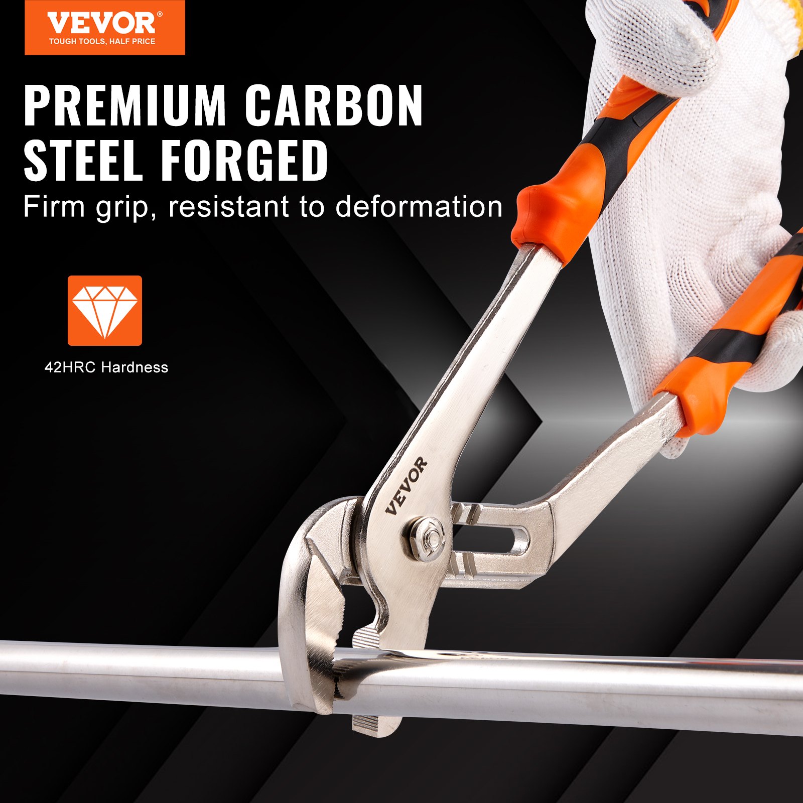 VEVOR groove joint pliers gripping metal pipe, premium carbon steel, firm grip, 42hrc hardness.