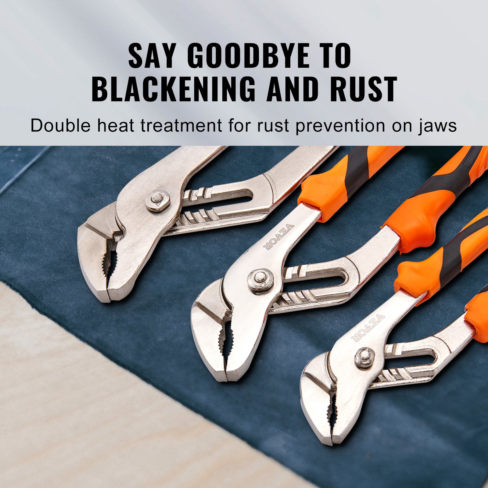 VEVOR groove joint pliers with orange and black handles, showcasing rust-resistant jaws.