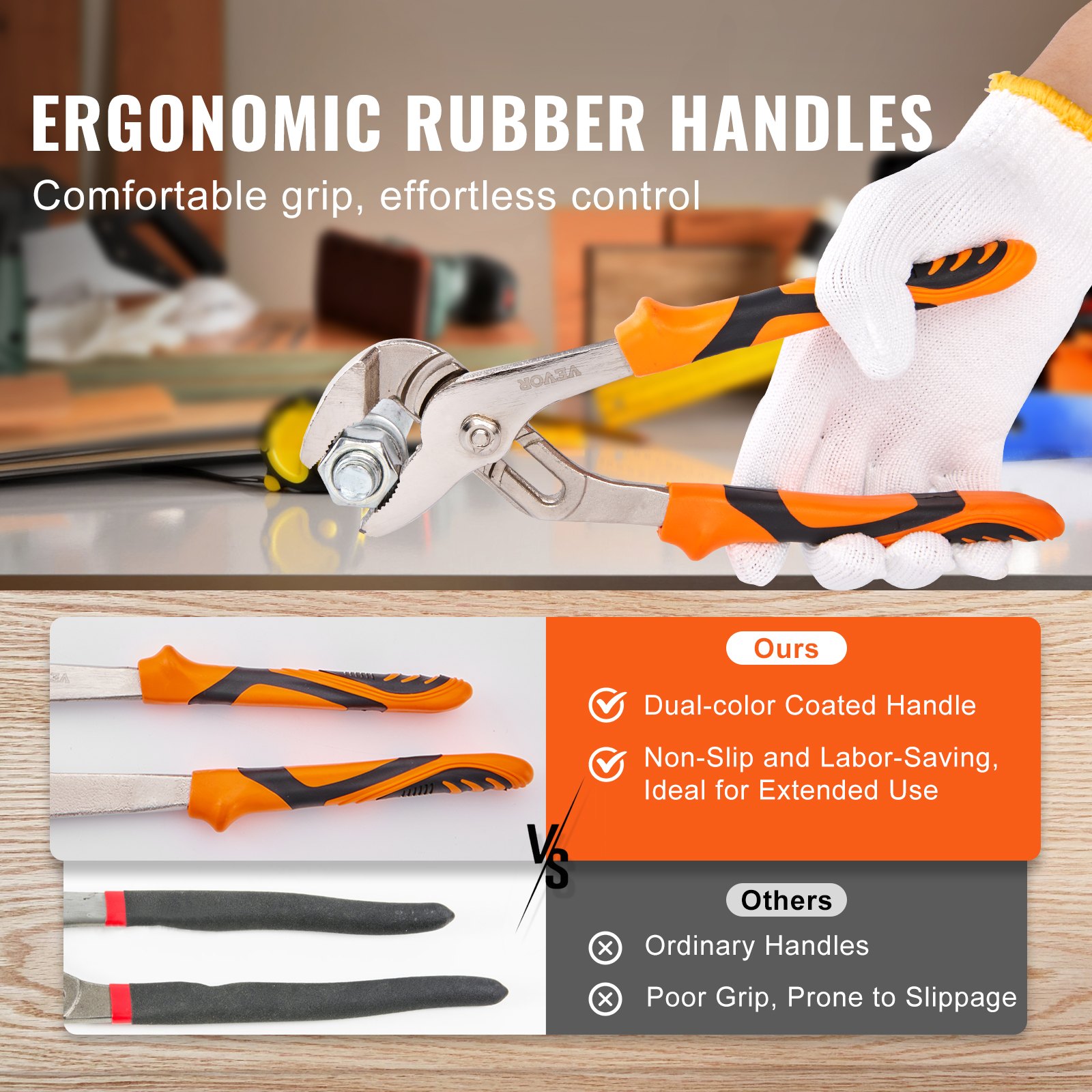 ergonomic VEVOR groove joint pliers with dual-color rubber handles, non-slip and labor-saving.